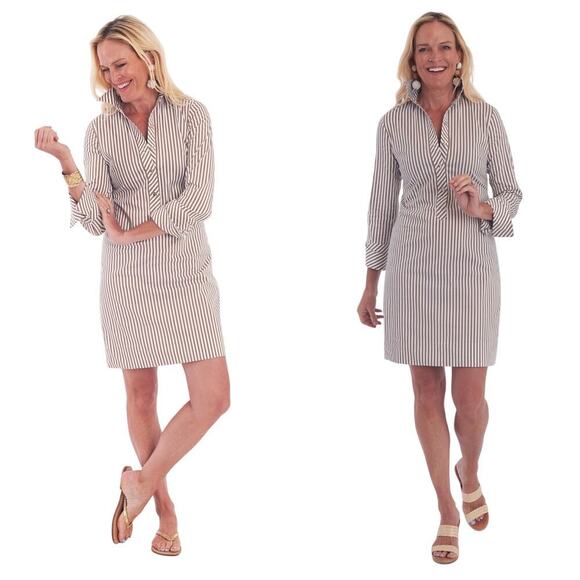 CK Bradley Ivy Dress Taupe Stripe Collared Button Front Size Small White - Picture 1 of 7